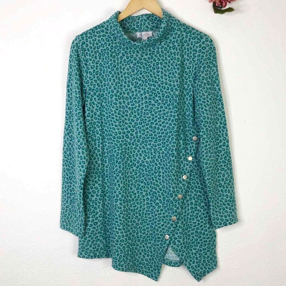 Leopard Print Tunic Top Womens L Teal Cowl Neck Asymmetrical Hem Y2K Stretch